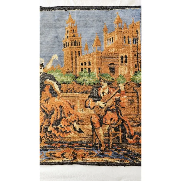 Vintage Spanish Woven Tapestry Table Runner • Flamenco Musicians Fringe • 40.5" - Picture 8 of 12